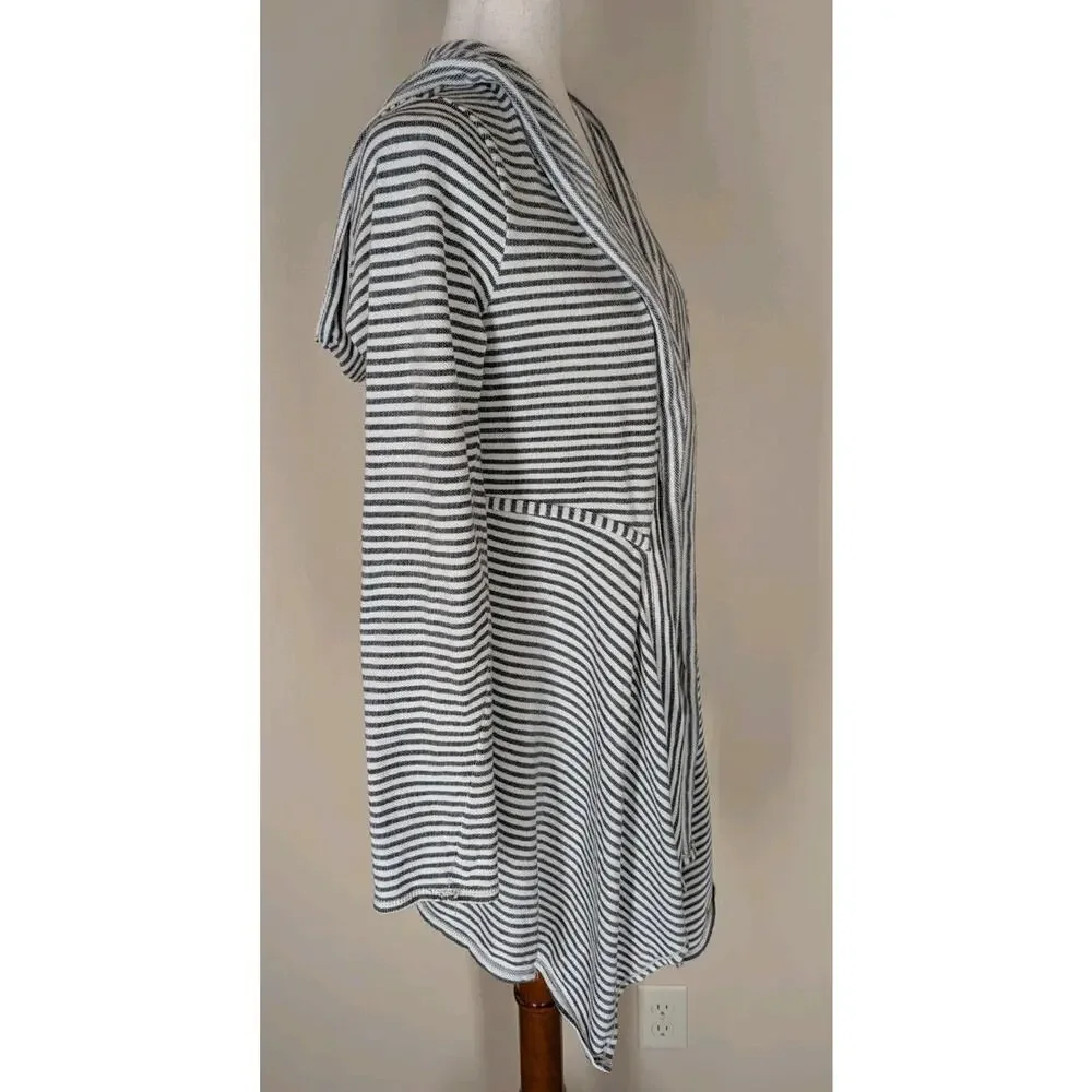 Max Studio Black & White Weekend Striped 100% Cotton Open Cardigan Hoodie Size M